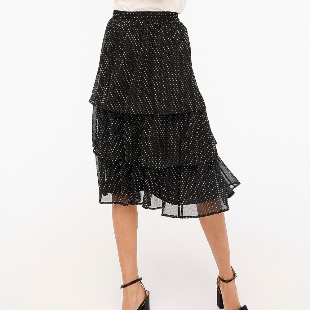 J Crew Factory NWT Ruffle Tiered Midi Skirt in Flocked Dot Black Ivory size PL
